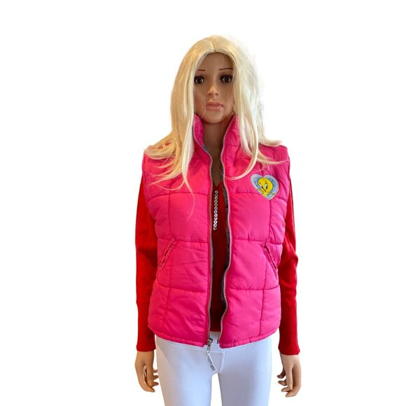 Vintage 90's Tweety Bird Looney Tunes Hot Pink Puffer Vest Junior 14/ Women S - Picture 4 of 14